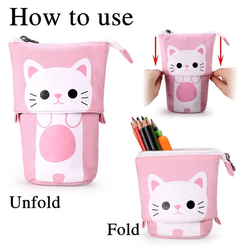 Ytuomzi Telescopic Pencil Pouch Standing Pen Holder Cute Pencil Bags Stand Up Pen Case Cartoon Pencil/Pens Storage Box Canvas+PU Stationery Organizer Makeup Bag with Zipper Closure (Pink) - Image 2